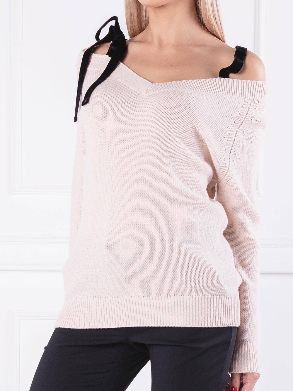Forever 21 Cream Off-the-Shoulder Sweater with Black Ribbon Straps